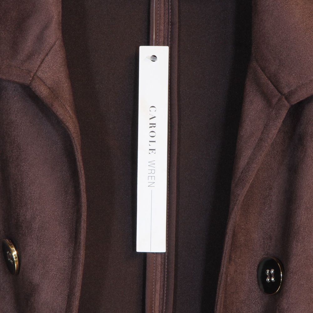 Carole Wren Luxurious Brown Faux Suede 3/4 Sleeve Open Front Trench Jacket - Picture 2 of 3